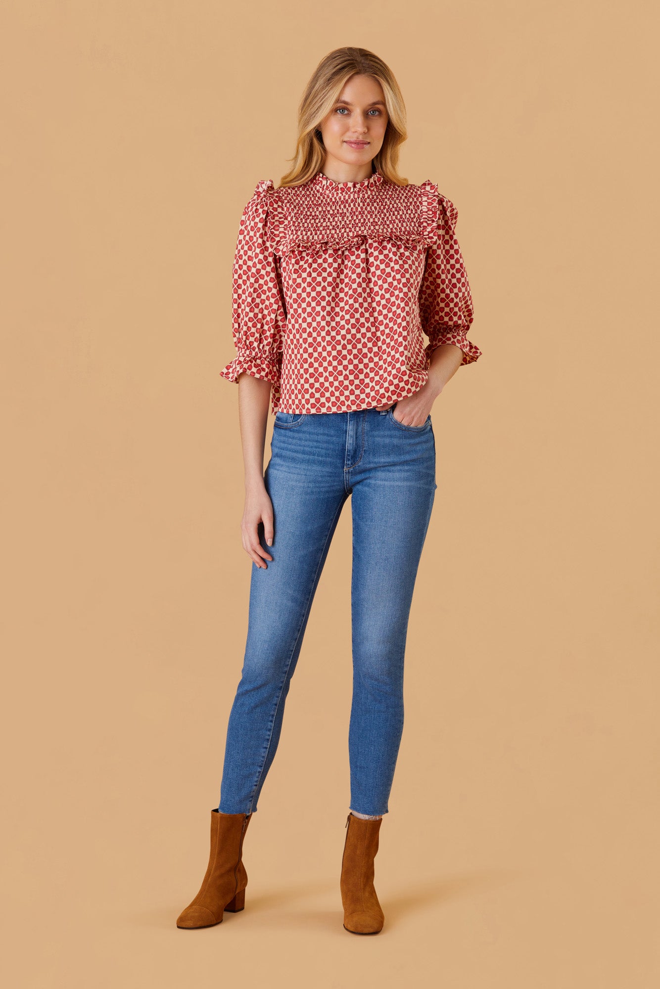 olivia rollins top statement blouse ruffle detail smocked neckline