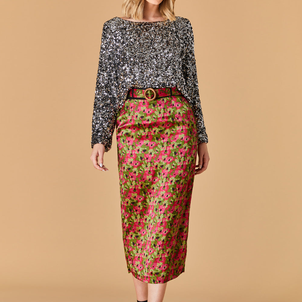 olivia fitted floral midi skirt with belt