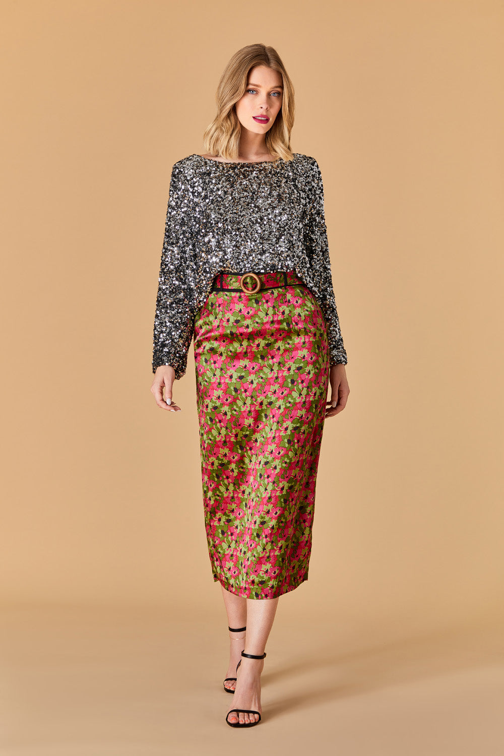 olivia fitted floral midi skirt with belt