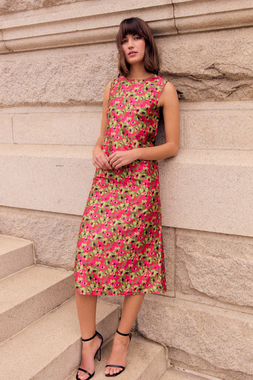 waller midi sleek simple silk floral dress