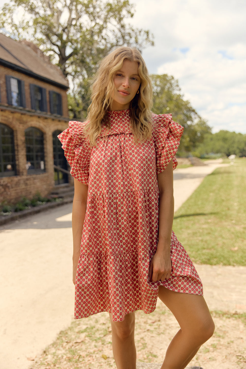 olivia zoe mini dress ruffle short sleeves high neck red 