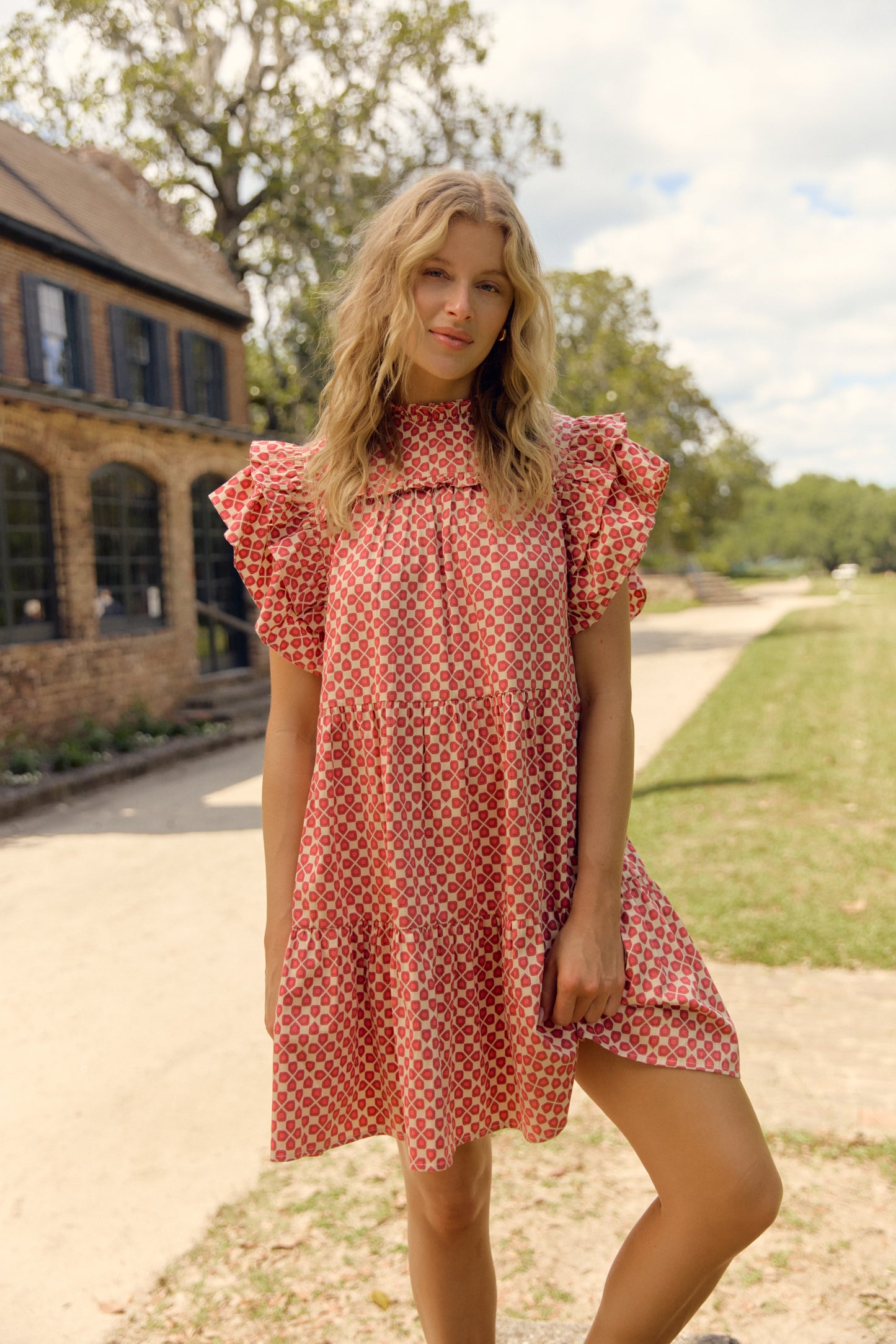 olivia zoe mini dress ruffle short sleeves high neck red 