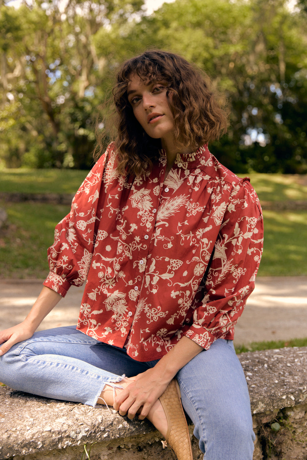 olivia venus top button up ruffle detail red