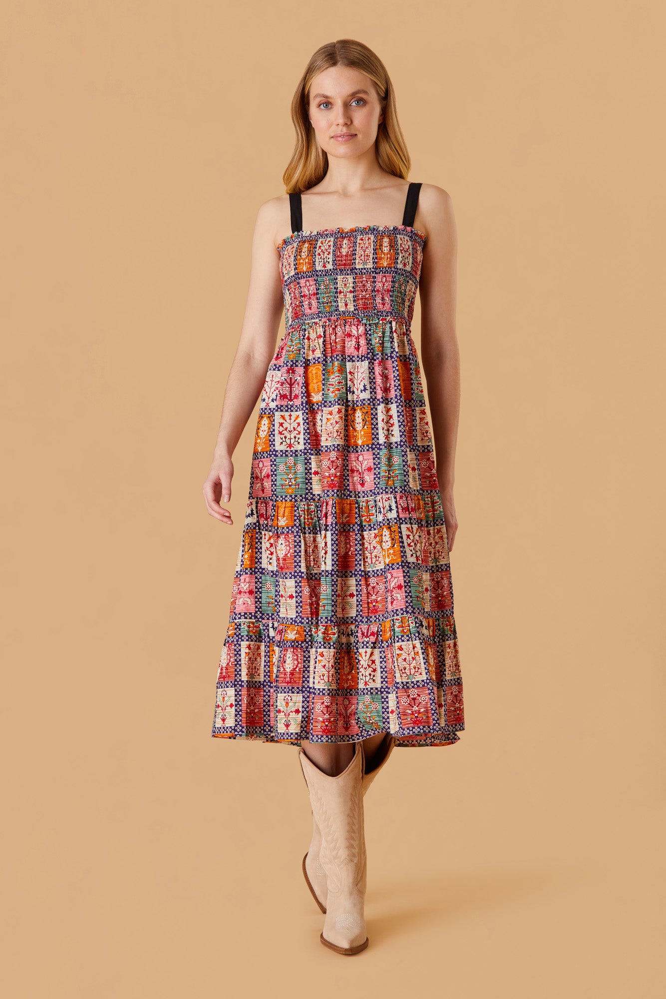 olivia milly midi dress straps smock patchwork